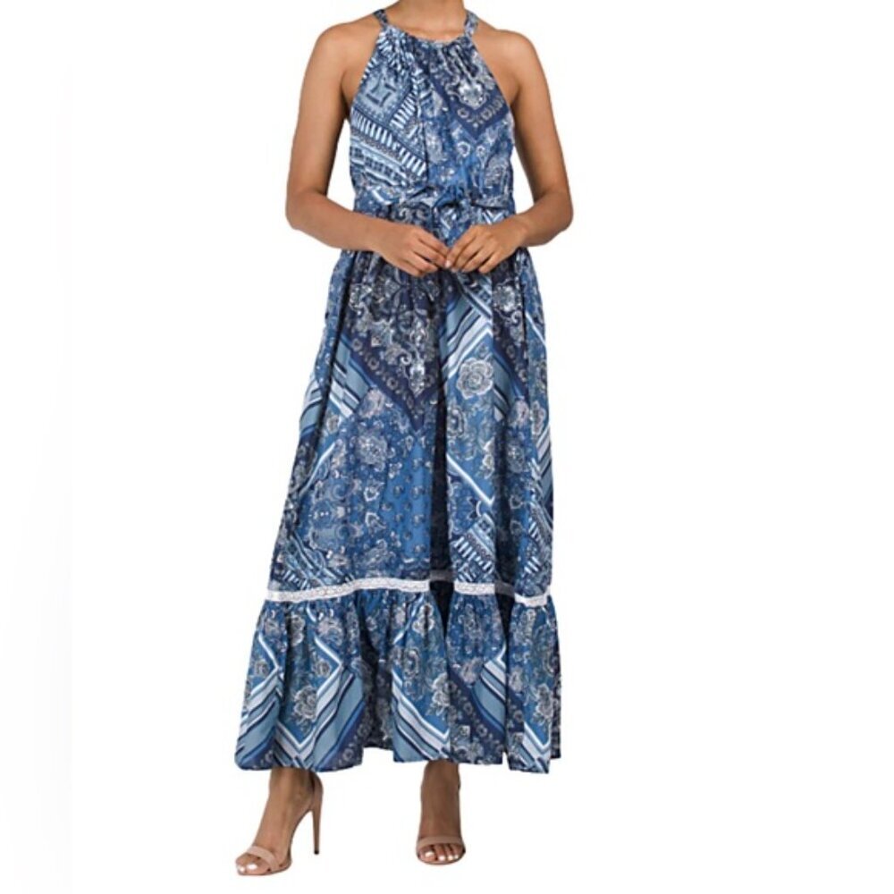 NWT LUCKY BRAND Halter Neck Cinched Waist Flounce Hem Tie Maxi Dress Lined XS